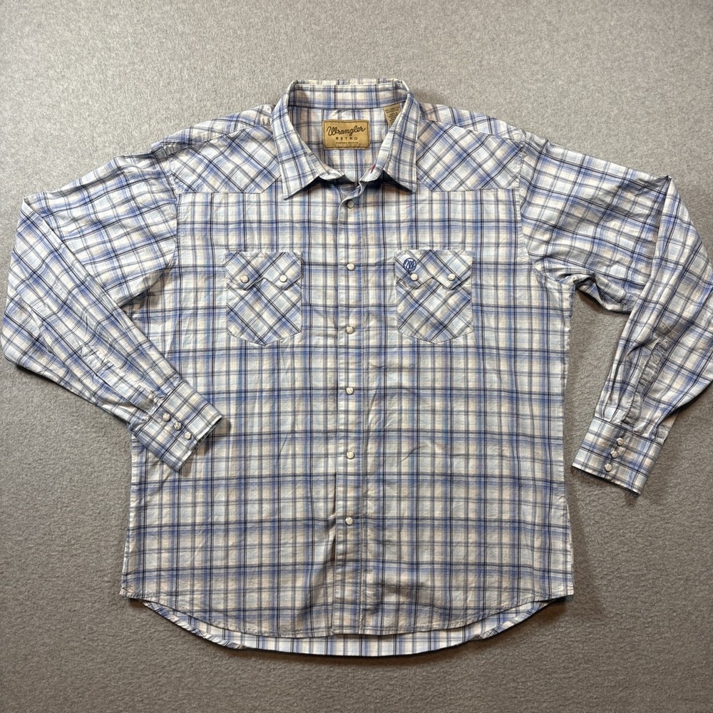 Wrangler Retro Men's Blue Plaid Long Sleeve Button Up Pearl Snap Sz 2XL Western